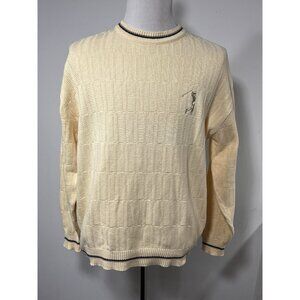 Vtg Carmel Cotton Knit Sweater Cream Yellow Blue Trim Golfer Made in USA L Golf